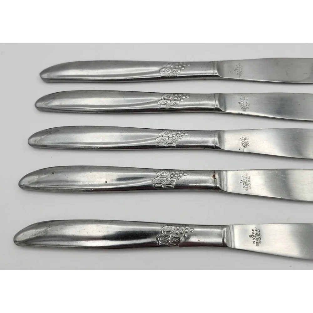 MWCO Dinner Knives Set 5 Silver Grape Vine Pattern Stainless Japan MCM Farmhouse